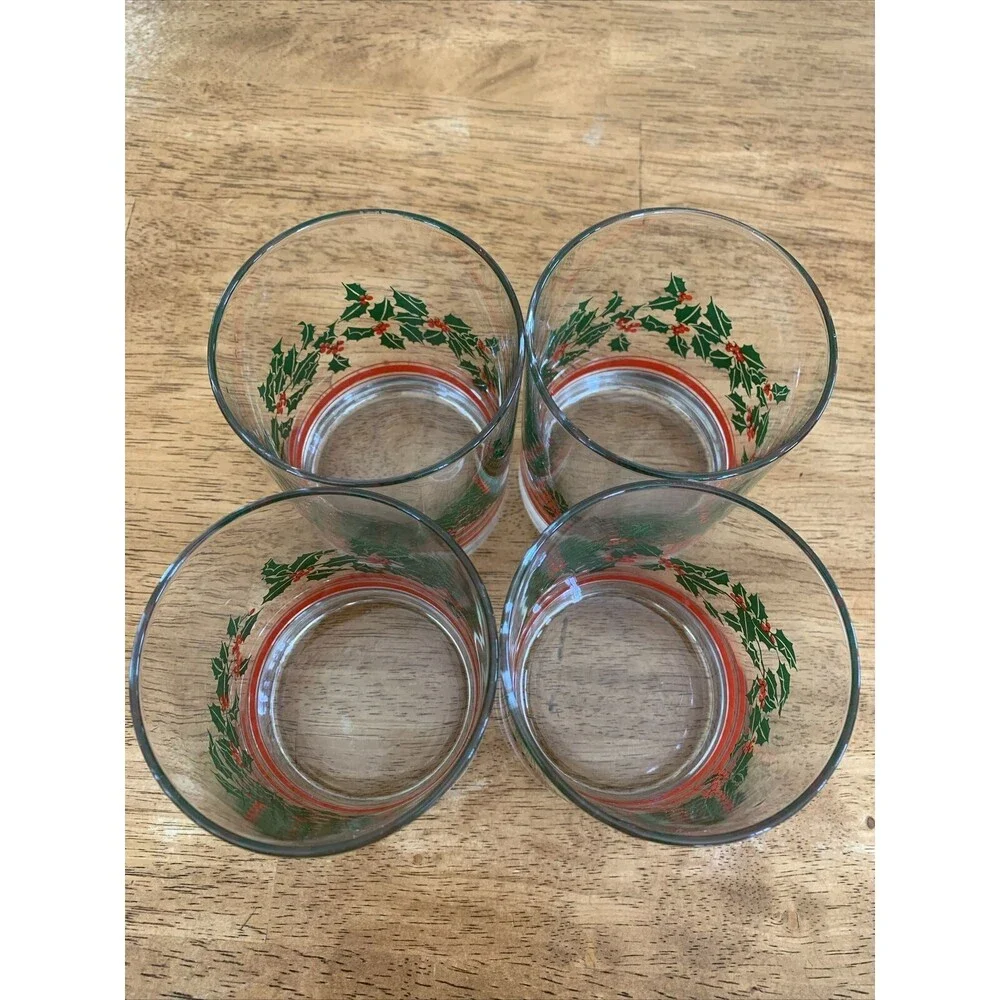 Vintage Libbey Holly Berry Ribbon Glass Coffee Mugs set of 4‎ Holiday 8 oz